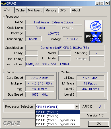 Raising the multiplier from x13 to x14 allowed for bumping up the clock speed from 3.46 to 3.73 GHz.