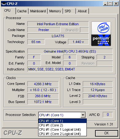 Voilá: Raising the core voltage from 1.30 to 1.40 V allowed the Pentium Extreme Edition 955 to hit the 4.26- GHz mark.