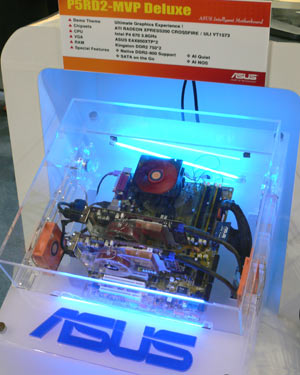 In the Asus booth the P5RD2-MVP Deluxe was running dual X850 graphics cards.