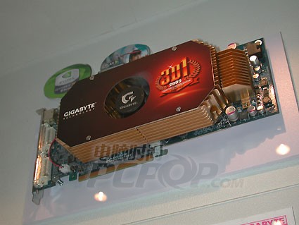 The second Dual GeForce 6800 Ultra graphics card we saw was at the Gigabyte booth. This baby also comes in an impressive size and with a huge copper heat sink.